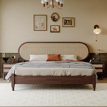 Wabiji style bed and breakfast solid wood rattan bed retro walnut color French 1 2m Nordic bed for rental room economical