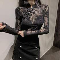See-through retro bottoming shirt showing inner layers womens slim-fitting shirt high-end black with lace autumn and winter long-sleeved buttons