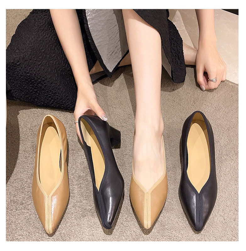 [Full Quantity Inspection Product] First-Layer Cowhide 2024 Autum New Style Genuine Leather Thick Medium Heel Soft Leather V-Mouth Pointed Toe Flats for Women