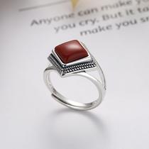 Chaosheng s925 sterling silver retro old creative quadrilateral shape inlaid with southern red agate ring open ring