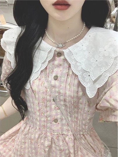 大码300斤甜美温柔风初恋长裙夏季格子碎花娃娃领气质A字裙连衣裙