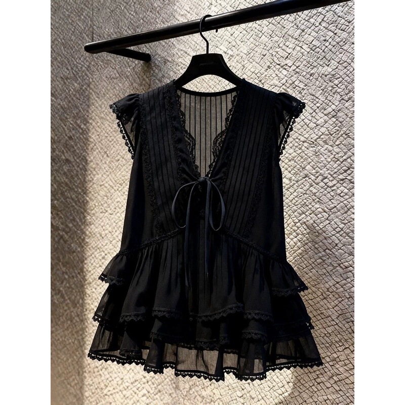 Plus Size 150kg French Classy Black Lace Sleeveless Top for Women Summer Thin Breathable V-Neck Ruffled Shirt Plus Size 150kg French Classy Black Lace Sleeveless Top for Women Summer Thin Breathable V-Neck Ruffled Shirt