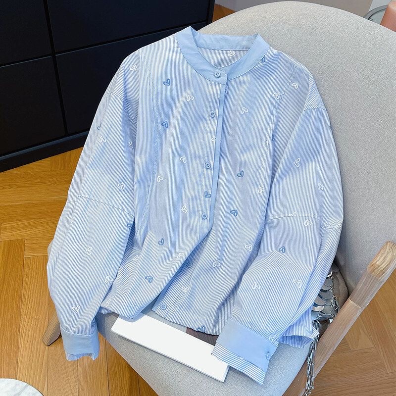 Extra Large Size 150kg Design-Inspired Heart Embroidery Striped Long-Sleeve Shirt for Women, New Spring and Autumn High-End Niche Shirt