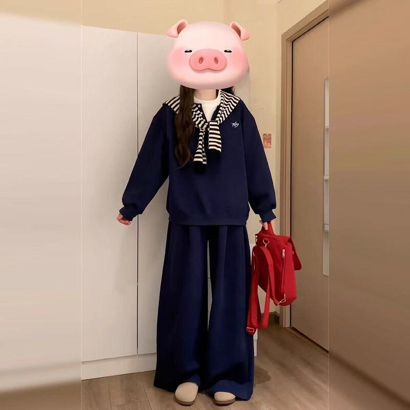 Plus Size 150kg Preppy Style Casual Sports Suit for Women, Autumn and Winter Sweatshirt, Wide-Leg Pants, Loose and Slimming Two-Piece Set Plus Size 150kg Preppy Style Casual Sports Suit for Women, Autumn and Winter Sweatshirt, Wide-Leg Pants, Loose and Slimming Two-Piece Set