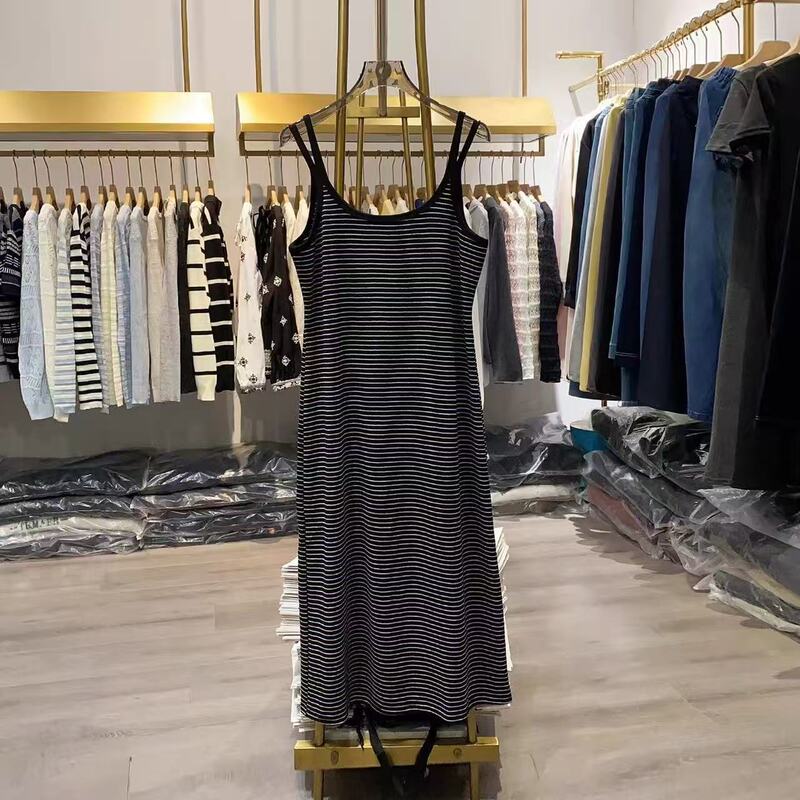 Plus Size 150kg Korean Style Age-Reducing Slimming Striped Spaghetti Strap Dress Summer New Versatile Casual Backless Long Dress