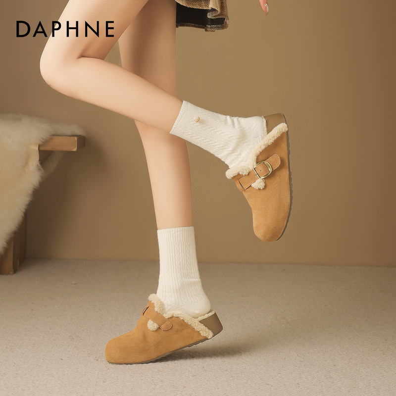 Daphne Thick-Soled Birkenstock Half-Slippers for Women 2025 New Autumn and Winter Fleece-Lined Warm Outerwear Genuine Leather Fur Shoes Cotton Shoes