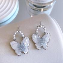 Pearl butterfly earrings niche design high-end light luxury round face blue crystal earrings 925 silver needle earrings for women