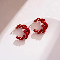 New Chinese style national style red earrings light luxury high-end half circle twist earrings flocked velvet earrings for women autumn and winter