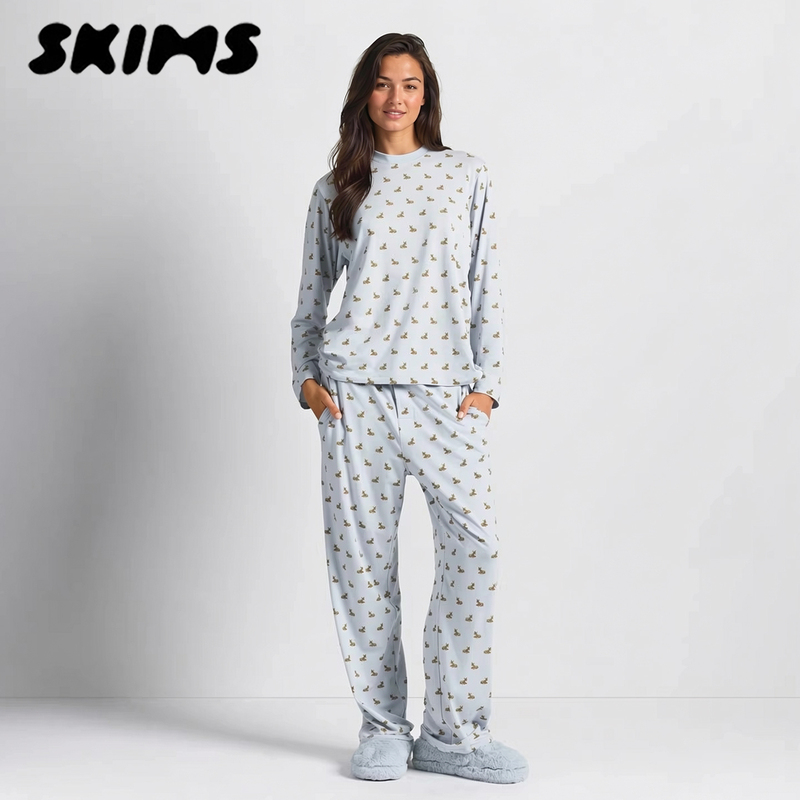 Skims Pajama Set Boyfriend Christmas Soft Loose Round Neck Long-Sleeved Top and Pants Set for Women