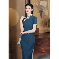 Tang Zhilians improved cheongsam long female catwalk blue large size dress can be worn daily retro 2023 young style