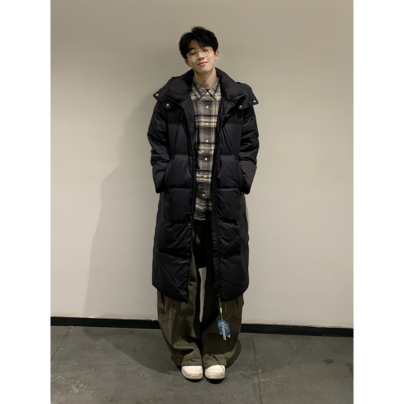 Black Hooded Mid-Length down Cotton Coat for Men, Winter Thickened Warm Over-The-Knee Long Cotton Jacket, Korean Style Coat