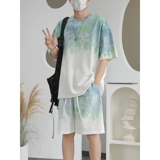 扎染冰丝短袖t恤男生酷帅穿搭套装夏季短裤青少年休闲运动两件套