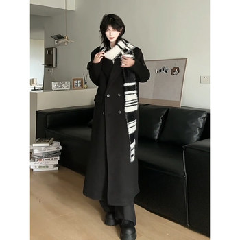 Black woolen long men's windbreaker autumn and winter woolen coat