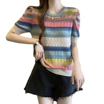 Processing and customization 23 rainbow sweater womens round neck color-blocked hollow worsted wool sweater bottoming shirt short-sleeved sweater