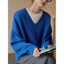 Louvre Autumn New Korean Style Simple Style V-neck Knitted Sweater Loose Profile Casual Lazy Top for Women