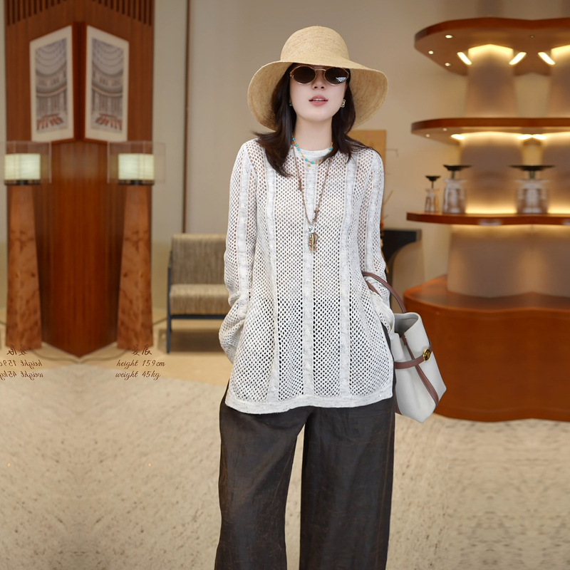 Manchenh's "Starry Walk" Italian Imported Bci Cotton and Linen Sequin Yarn Mesh Knit Blouse