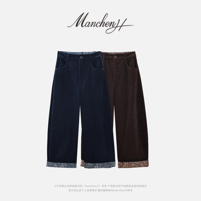 Manchenh "Retro Artist Style Luxury Corduroy Fabric Lined Printed Cropped Casual Pants Manchenh "Retro Artist Style Luxury Corduroy Fabric Lined Printed Cropped Casual Pants