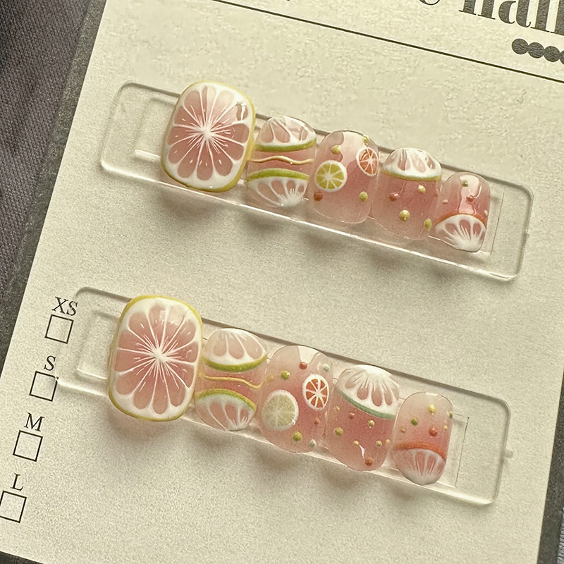 Pink Lemon 5045 # Handmade Nails, Semi-Handmade, Pure Handmade Manicure, Fake Nail Patches, Cat Eye