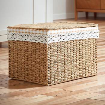Woven storage box with lid storage basket cosmetics sorting basket snack storage basket household clothes sorting storage box