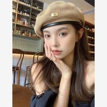 2024 new spring and summer thin breathable knitted beret womens versatile metal retro leather brim painters hat trend