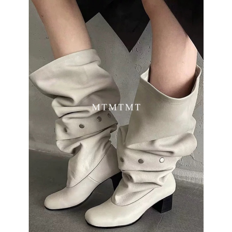 Retro Rivet-Stitched Detachable Trouser-Leg High-Heeled Boots with Chunky Heels