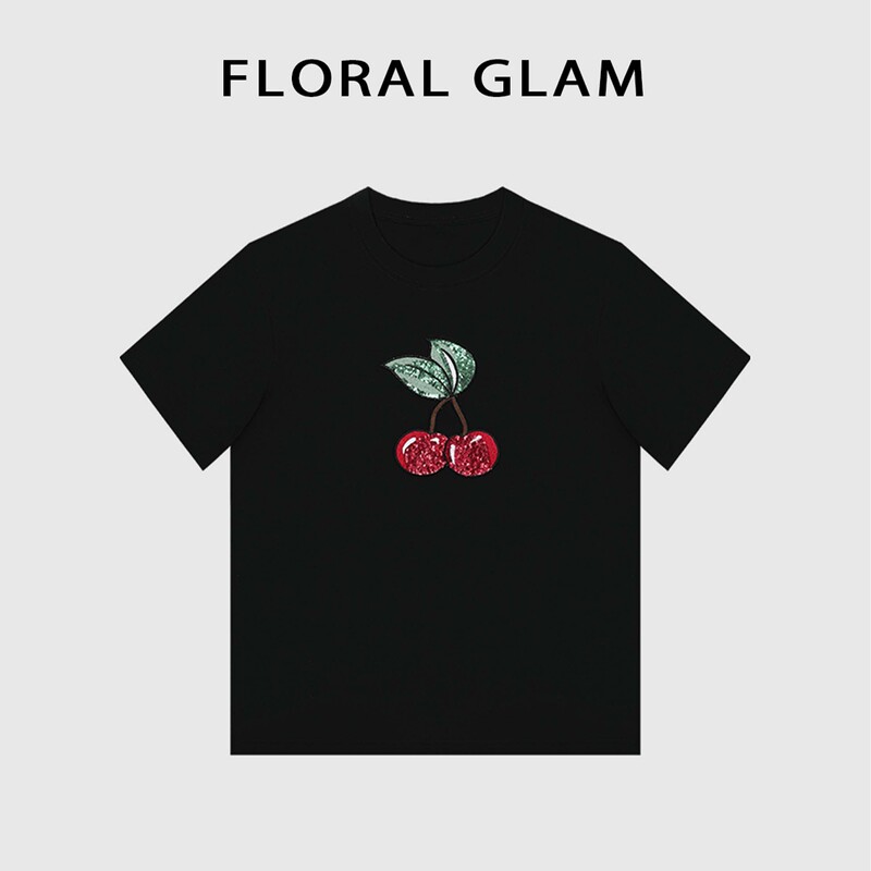 Floral Glam Cherry Sequin Embroidered Short Sleeve T-Shirt for Women, Pure Cotton, 2026 Summer New Short Sleeve Top