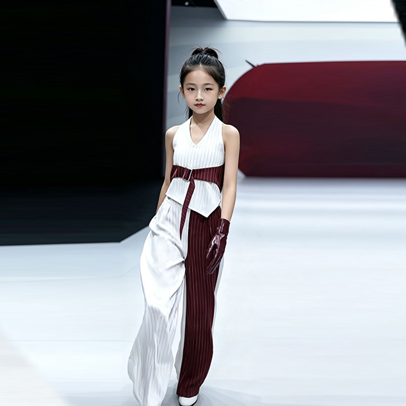 Children's Model Runway Fashion Show Trendy Clothing for Girls, Elegant V-Neck Sleeveless Suit Two-Piece Performance Outfit