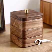 Black walnut light luxury dental floss box solid wood toothpick holder desktop household high-end new Chinese style dental floss storage box with cover