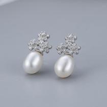 New S925 sterling silver plum blossom earrings Korean style simple flower pearl earrings DIY empty support jewelry