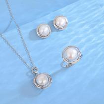 European and American Baroque pearl necklace womens s925 sterling silver plated 18K gold earrings ring three-piece set of accessories