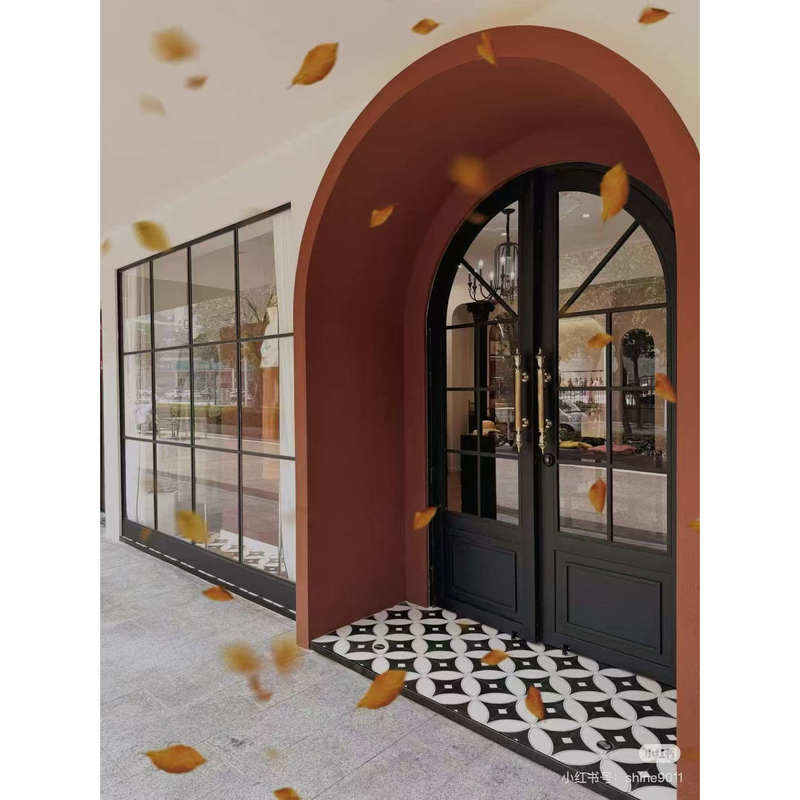 French-Style Vintage Arched Door for Clothing Store, Beauty Industry, Double-Door Wrought Iron Entrance Arc Door, Shop Storefront Glass Door