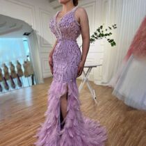 Serene Hill Pink Mermaid High Split Luxury Evening Dresses F