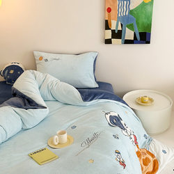 Mercury Home Textiles Winter Kidsren's Cute Thickeneded Milk Velvet Four-Piece Set with Pillows to Heattech Cartoon Quilt Cover Bed Sheets