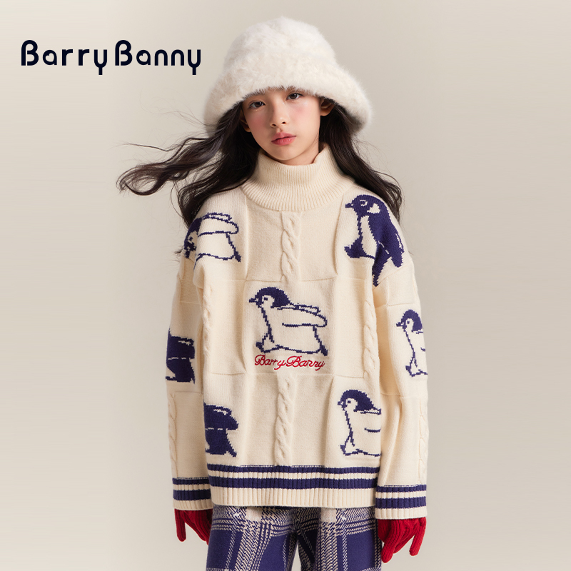 Barrybanny Girls' Penguin Stereo Twist Sweater Autumn and Winter Thickened Turtleneck Knit Top for Older Children
