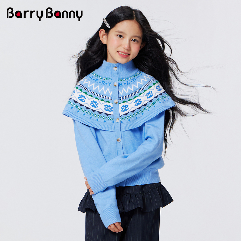 Barrybanny Girls' Fake Two-Piece Shawl Knitted Cardigan Autum New Full-Button Jacquard Half-Turtleneck Sweater