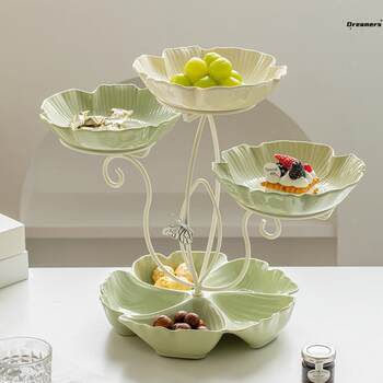 2025 Creative Green and White Color-Block Fruit Plate Candy Plate Multi-Layer Light Luxury Ceramic Dried Fruit Plate Plastic Silver Edge Manufacturer