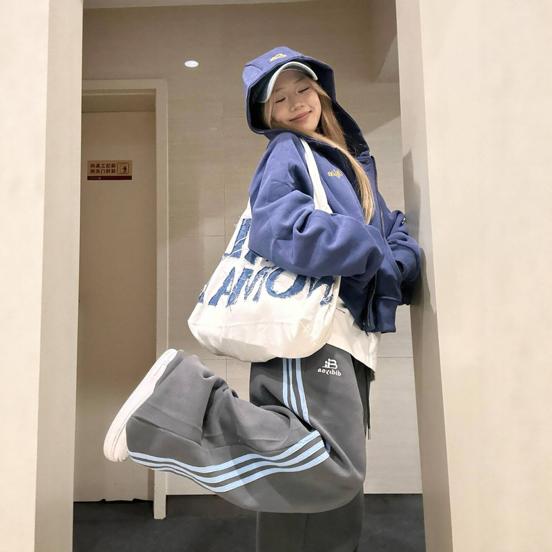 Street Style Lazy American Casual Sportswear Suit for Women, Spring Retro Trendy Jacket, Wide-Leg Pants Two-Piece Set