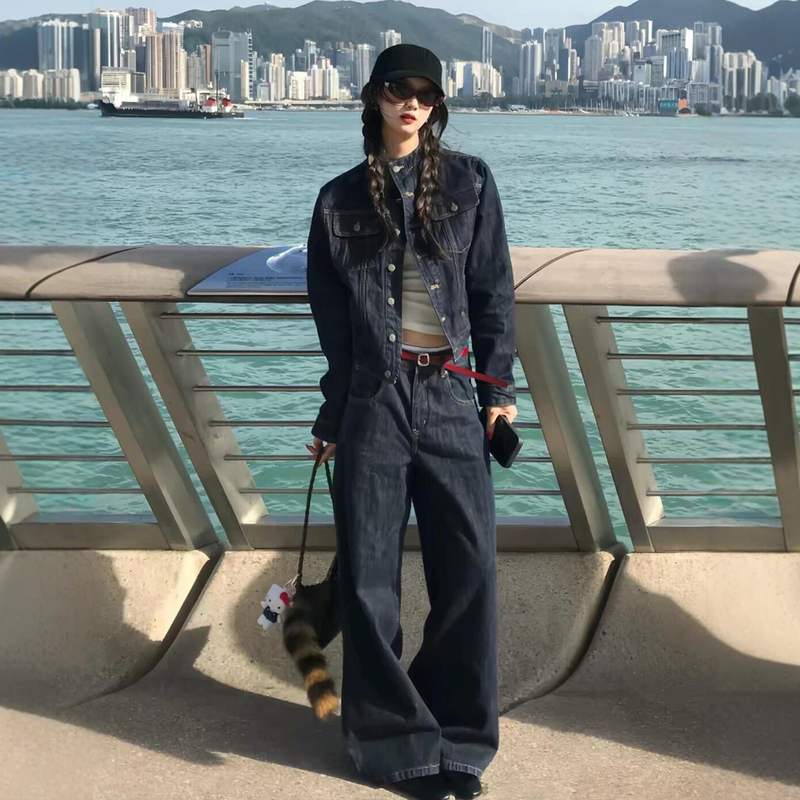 Retro Hong Kong Style Casual and Cool Casual Sports Suit for Women in Autumn and Winter High Street Denim Jacket and Wide-Leg Pants Two-Piece Set