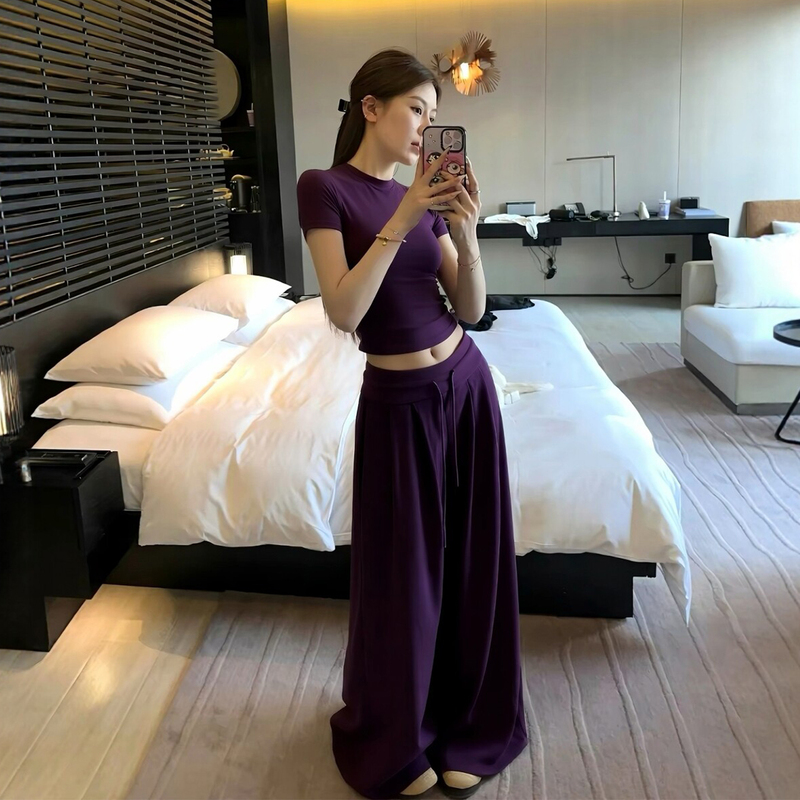 Summer Unique and Beautiful Casual Fashion Set for Women, Slim-Fitting Top and Wide-Leg Pants with Drape, Two-Piece Set Summer Unique and Beautiful Casual Fashion Set for Women, Slim-Fitting Top and Wide-Leg Pants with Drape, Two-Piece Set