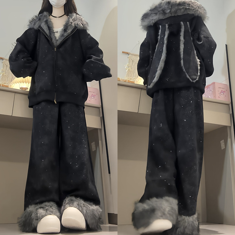 Very Stylish Rhinestone-Embellished Casual Suit for Women, Autumn and Winter, Rabbit Ear Fur Collar Hooded Jacket and Wide-Leg Pants Two-Piece Set Very Stylish Rhinestone-Embellished Casual Suit for Women, Autumn and Winter, Rabbit Ear Fur Collar Hooded Jacket and Wide-Leg Pants Two-Piece Set
