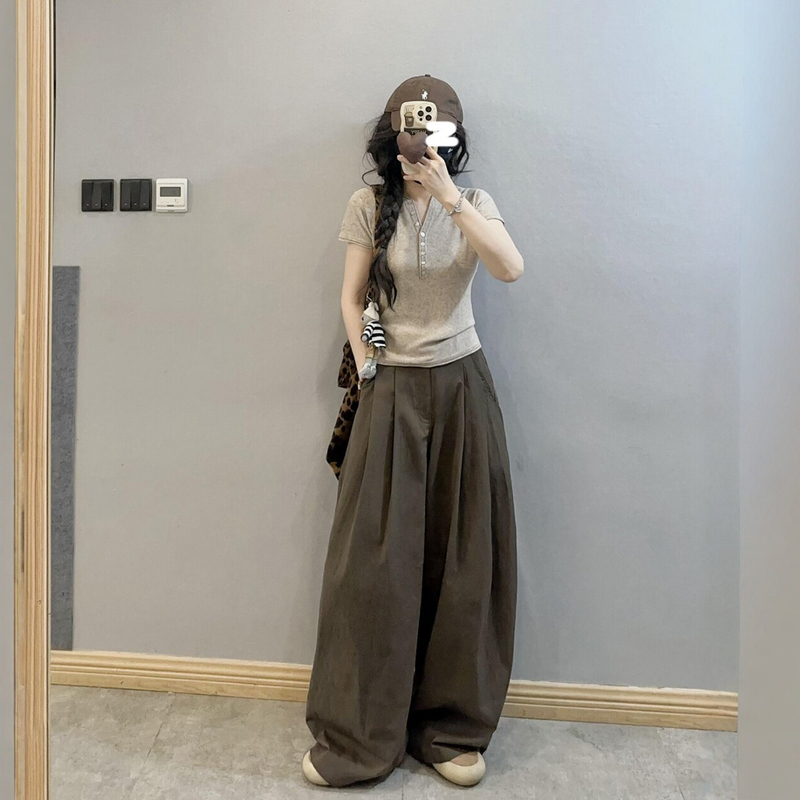 Meilade High-End Relaxed Casual Sports Suit for Women, Summer Knitted Top with Drapey Wide-Leg Pants Two-Piece Set