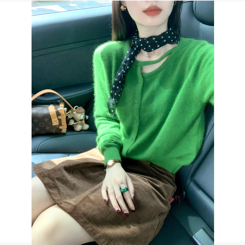 Avocado Green Raccoon Fur Sweater for Women, Autumn and Winter Style, Soft and Waxy Knitted Cardigan Jacket, High-End Green Top