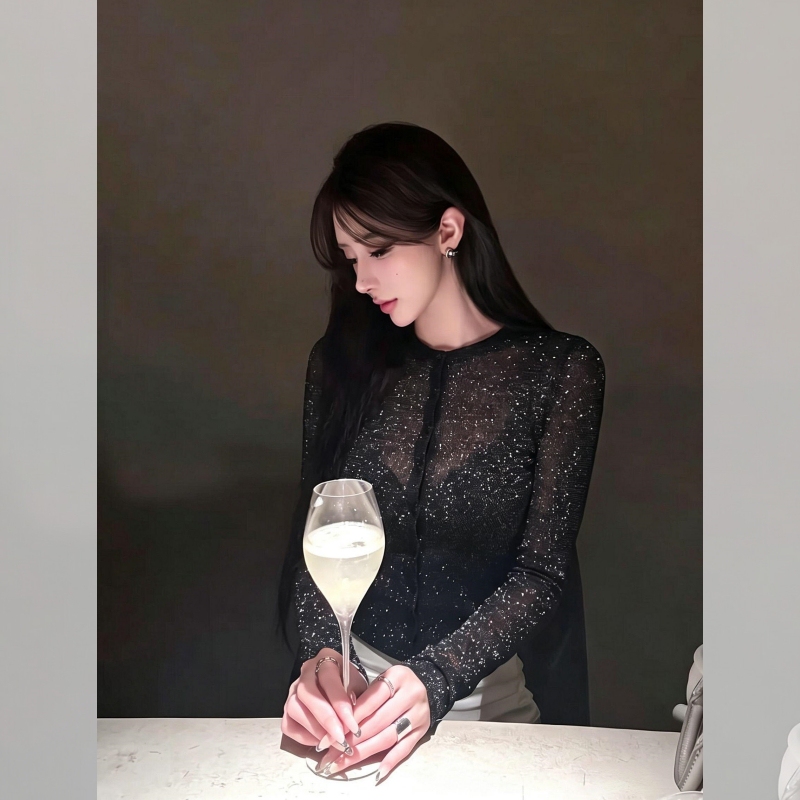 Unique and Beautiful Black Shiny Silk Knit Base Shirt for Women, Perfect for Early Autumn and Important Occasions, Long-Sleeved Top