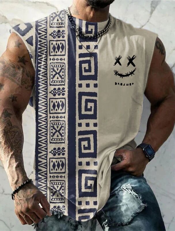 Summer New Men's Vest t Shirt Patterned Tribal Round Neck Cl