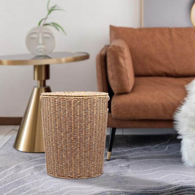 Huangtu Craftsmanship Nordic Office Living Room Home Daily Trash Can with Lid Basket Multi-purpose Storage Rattan Bucket