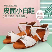 Leather-covered white shoes new childrens diamond buckle Latin dance shoes girls high-heeled dance practice shoes soft-soled dance shoes