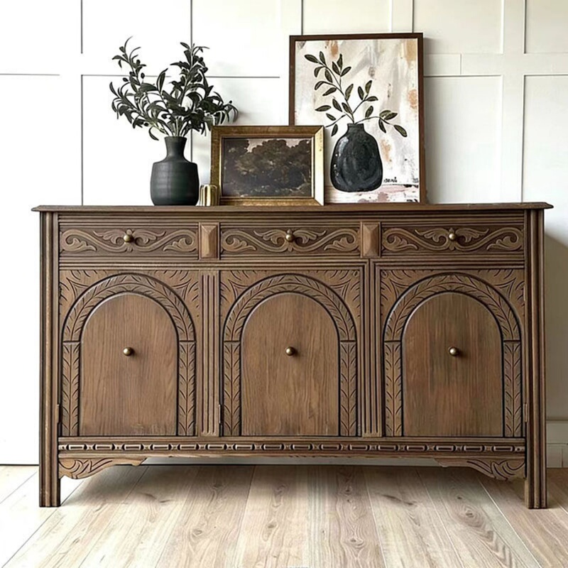 Vintage Distressed Carved Sideboard Against the Wall Integrated Living Room Decorative Cabinet Vintage Distressed Entryway Cabinet Bedroom Storage Cabinet