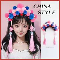 Chinese style Mulan Peking Opera Chinese style Han style New Year hair accessories headband pom-pom ethnic style performance headband