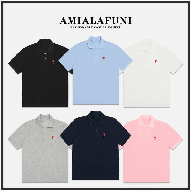 [in Stock for Immediate Delivery] Ami Alafuni Short-Sleeved Polo Shirt Summer Love Embroidered Half-Sleeved T-Shirt Top for Men and Women