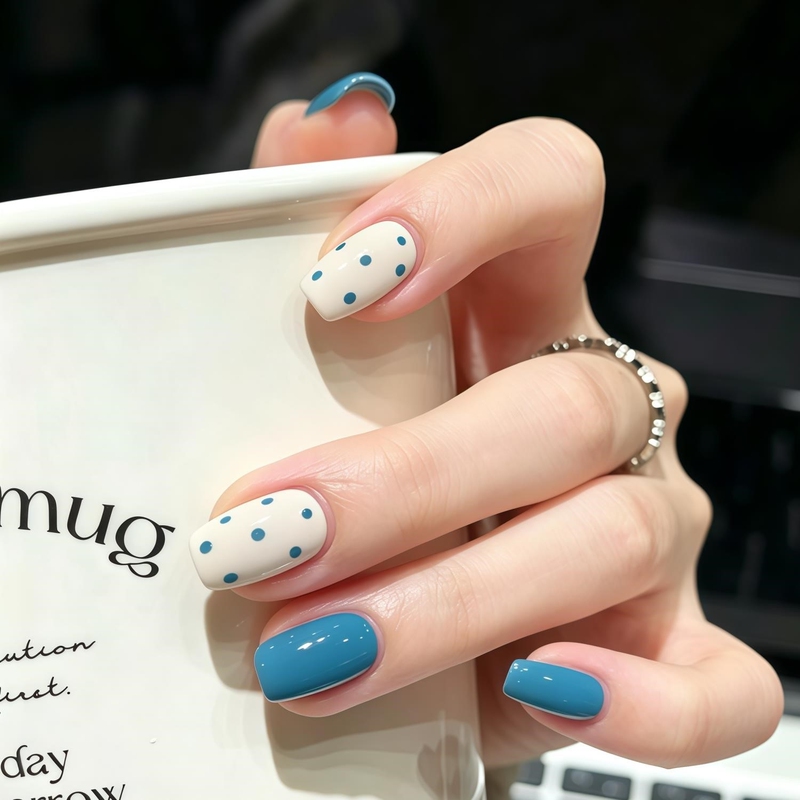 Summer Peacock Blue and White Polka Dot Handmade Wearable Nails, Solid Color with Color-Blocking, Medium-Length, Brightening Effect, Removable